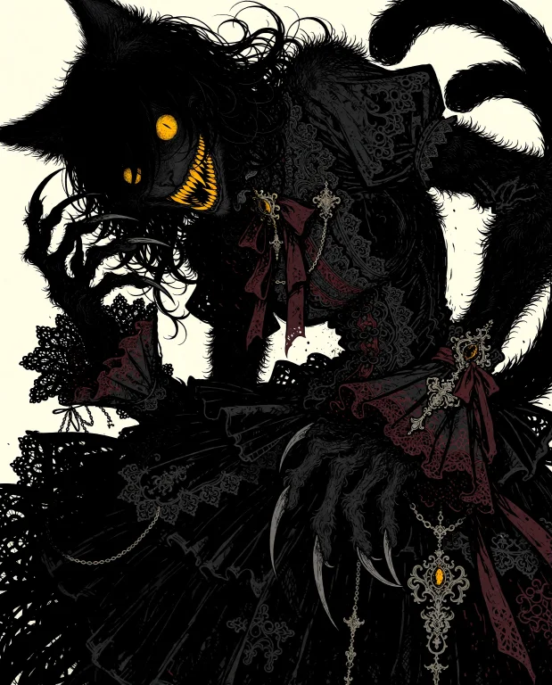 A Sinister, Pitch-black Gothic Catgirl With An Eerie, Demoni...