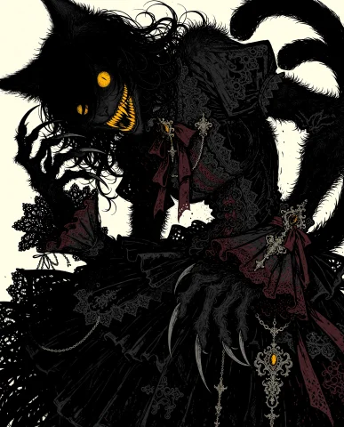 A Sinister, Pitch-black Gothic Catgirl With An Eerie, Demoni... — Stable Diffusion AI Prompt: A sinister, pitch-black gothic catgirl with an eerie, demonic presence. Her enti...