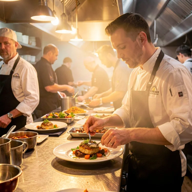 A Chef Plating A Dish In A Busy Kitchen, Documentary Photogr...