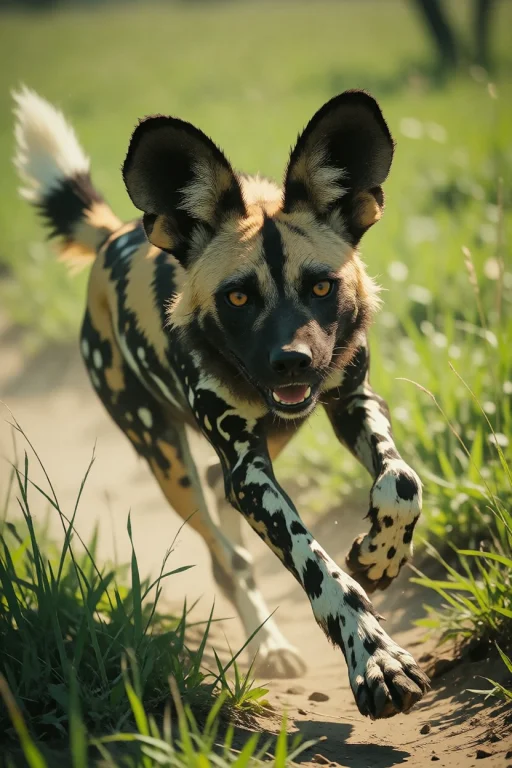 Nature, An African Wild Dog Packing Into A Turn On Open Gras...