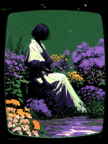 Digital Illustration Of A Woman With Short, Dark Hair, Sitti... — Stable Diffusion AI Prompt: Digital illustration of a woman with short, dark hair, sitting in a lush, colorf...