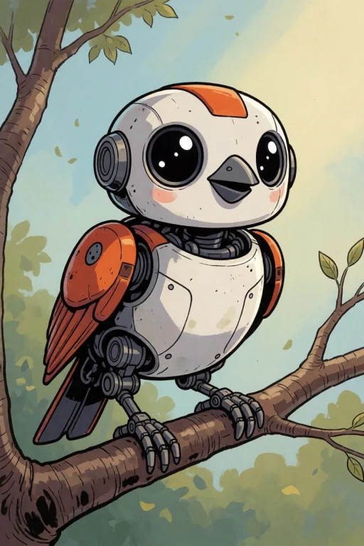 Mechanical Robot Cute Bird, On Tree Limb, Big Eyes, Silly Co...