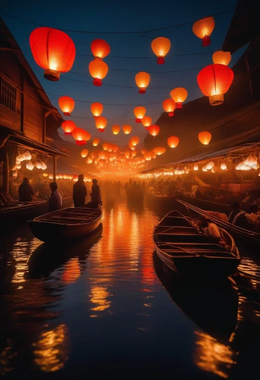 A Floating Market Of Airships And Paper Lanterns, Biolumines...