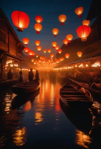 A Floating Market Of Airships And Paper Lanterns, Biolumines... — SDXL AI Prompt: a floating market of airships and paper lanterns, bioluminescent glow, framed by...