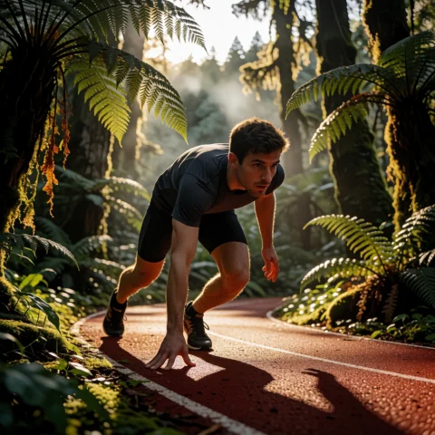 Low-angle Medium Full Shot, Dynamic Low-perspective Diagonal... — Stable Diffusion AI Prompt: Low-angle medium full shot, dynamic low-perspective diagonal composition, an ath...