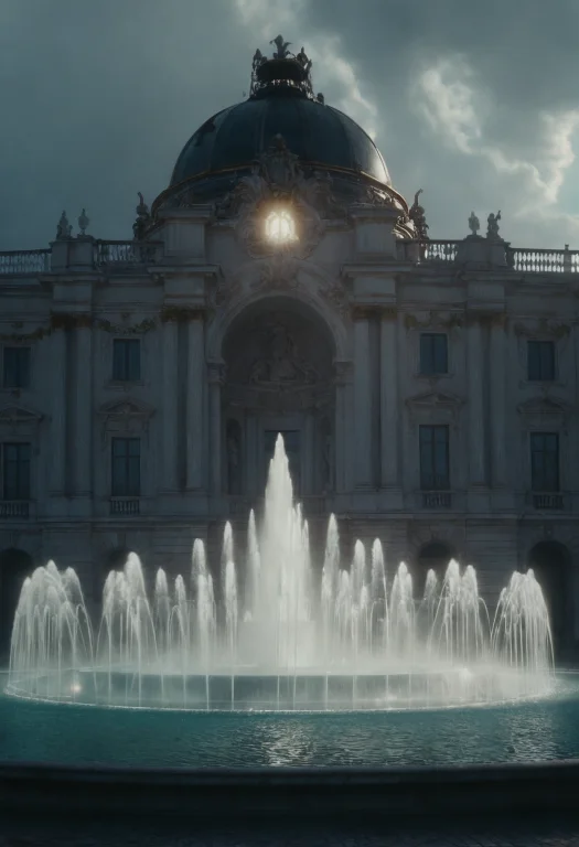 A Large Building With A Giant Fountain In Front Of It And A...
