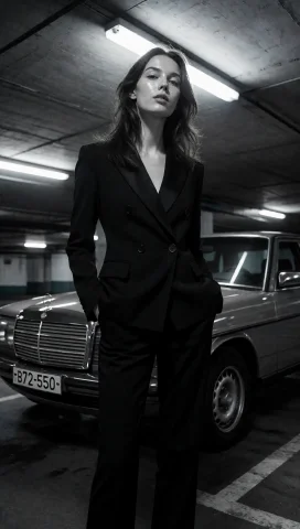 A Woman With A Slender, Tall Body Type Standing In A Low-ang... — Stable Diffusion AI Prompt: A woman with a slender, tall body type standing in a low-angle shot inside a dim...