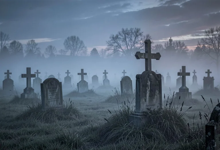 A Graveyard Sinking Into Low Grey Mist, Blue Hour, Layered D...