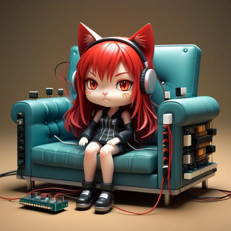 A 3d Chibi Anime Red Hair Cat Girl Sit On Transistors Sofa