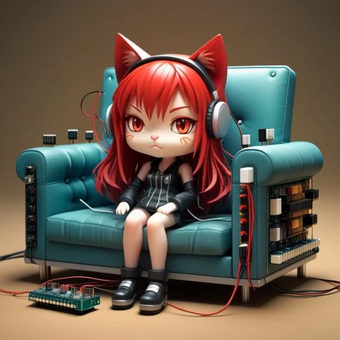 A 3d Chibi Anime Red Hair Cat Girl Sit On Transistors Sofa — SDXL AI Prompt: a 3d chibi anime red hair cat girl sit on Transistors sofa