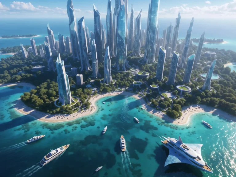 Futuristic City With Glass Skyscrapers On Tropical Island Ya...