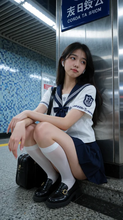 都市短剧气质的竖屏近景,地铁站台冷白顶光,锐度偏软:年轻亚洲...