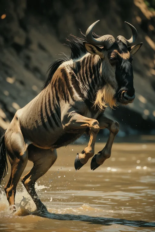 Nature, A Wildebeest Mid-leap In A Mara River Crossing, Enti...