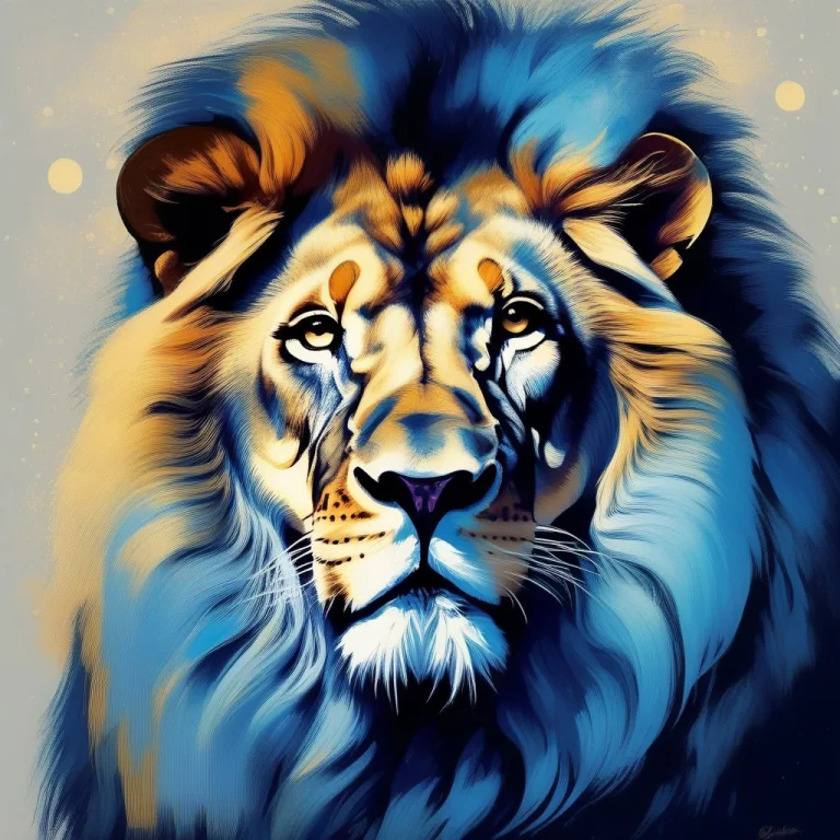 A Lion With A Mane Of Slow Blue Flame, Impressionist Style,...