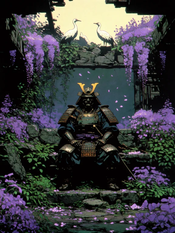 An Armored Samurai Sits On A Broken Stone Throne In The Ruin...