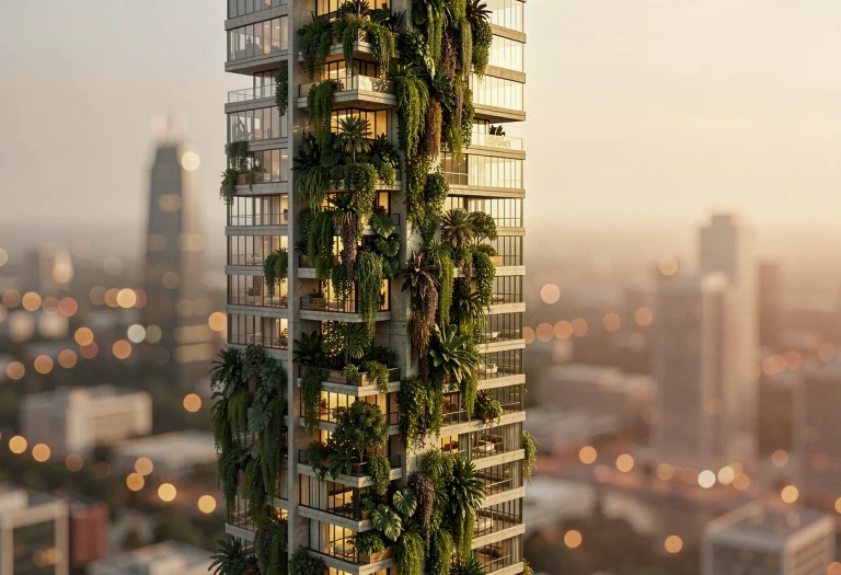 A Futuristic Skyscraper Draped In Vertical Gardens, Warm Amb...
