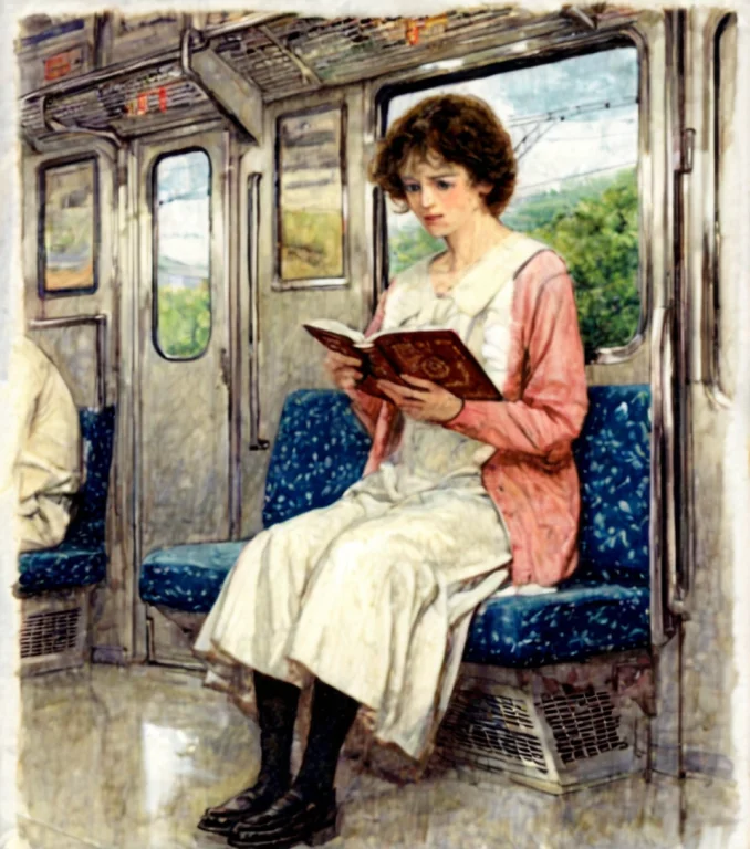 Colored Lithograph Portrait Of A Woman Sitting In A Train, R...