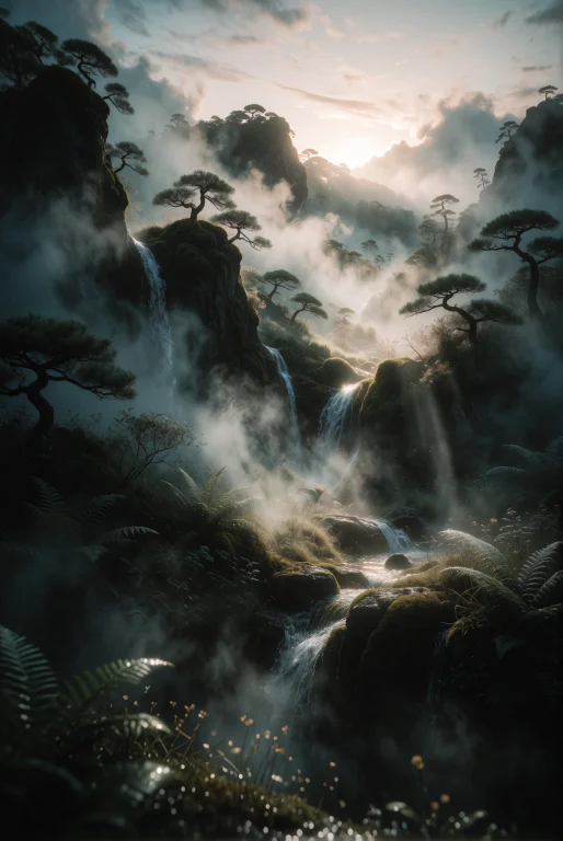 Main Description A Misty Mountain Valley At Dawn, Where Laye...