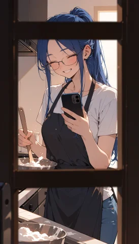 Amia, Cooking In Kitchen While Filming Herself, Long Blue Ha... — Stable Diffusion AI Prompt: amia, cooking in kitchen while filming herself, long blue hair tied back in casu...