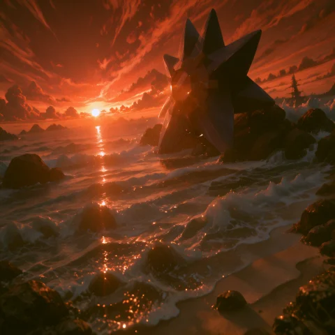 Starmie, Solo, Crixstarmie, Rocky Shore, Ocean, Red Sky, Cri... — Stable Diffusion AI Prompt: starmie, solo, crixstarmie, rocky shore, ocean, red sky, crimson sky, sunset, se...