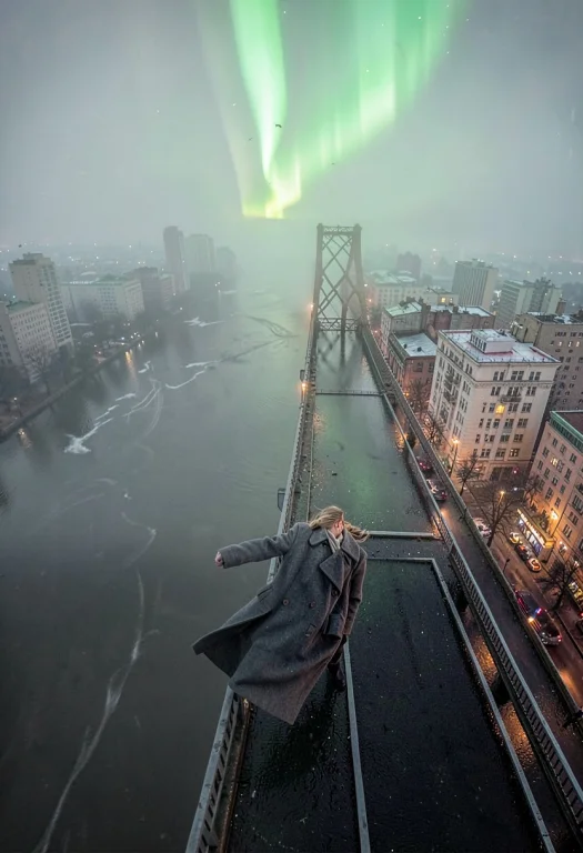 A Windblown Coat On A Foggy City Bridge, Aurora Glow, Shot O...