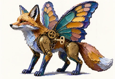 A Single Mechanical Fox Sculpture With Butterfly Wings, Show... — Stable Diffusion AI Prompt: A single mechanical fox sculpture with butterfly wings, shown as a compact, self...