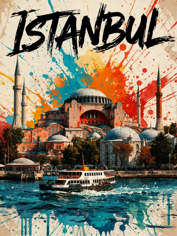A Vintage Travel Poster Of Istanbul Featuring Hagia Sophia,...