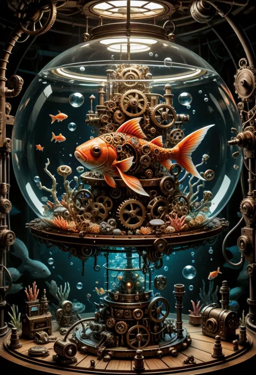Masterpiece, Surreal Absurdist Aquarium Scene, A Tiny Goldfi...