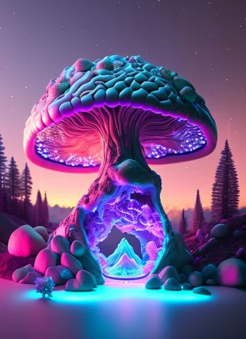 Bluepurplepink Brain Mountain 3d Render Realistic, Glowing M... — Stable Diffusion AI Prompt: [blue|purple|pink] brain mountain 3d render realistic, glowing mycelium network,...