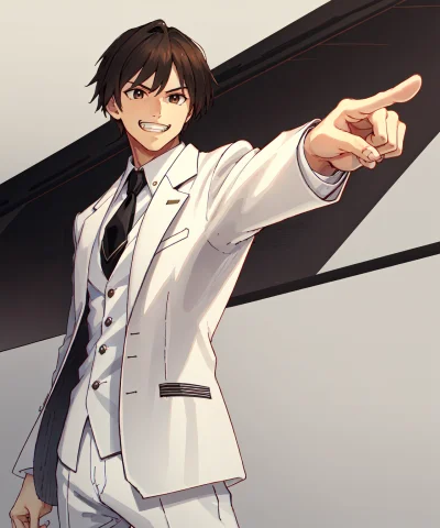 Ace Attorney, Solo, 1boy, Grin, Objection, Pointing, Short B... — Stable Diffusion AI Prompt: ace attorney, solo, 1boy, grin, objection, pointing, short black hair, brown eye...