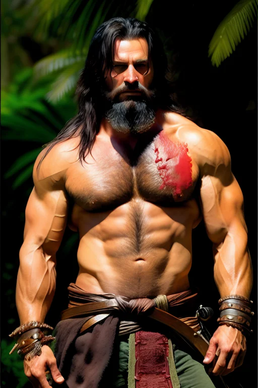 Portrait Of Detailed Male Barbarian, Scarred Face, Scarred A...