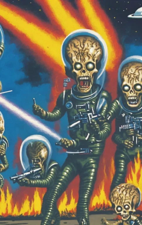 A Painting Of Two Aliens In Space Suits With Guns In Front O...