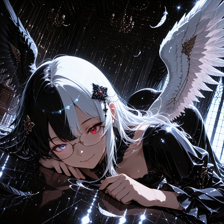 1girl,solo, Smile,prone On Mirror Floor,falling Feather,blac...