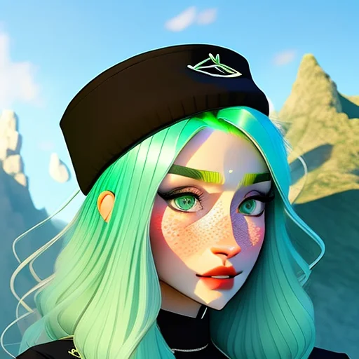 Samdoesarts, A Woman With Green Hair And A Hat On Her Head A...
