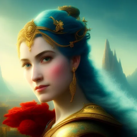 A Woman With Blue Hair And Flowers In Her Hair, A Head And S... — Stable Diffusion AI Prompt: a woman with blue hair and flowers in her hair, a head and shoulders portrait of...