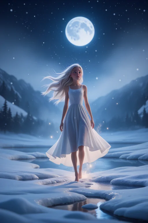 1girl, Solo, White Dress, White Hair, Long Hair, Windy, Whit...