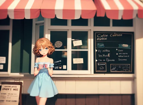 Hires Detailed, Charming, Quaint Cafe, Daytime, Mid-shot, Si... — Stable Diffusion AI Prompt: hires detailed, Charming, quaint cafe, daytime, mid-shot, sipping coffee, petite...