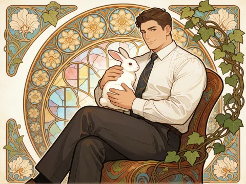 Art Nouveau Illustration Of A Robust 33-year-old Man Sitting... — Stable Diffusion AI Prompt: Art Nouveau illustration of a robust 33-year-old man sitting gracefully, holding...