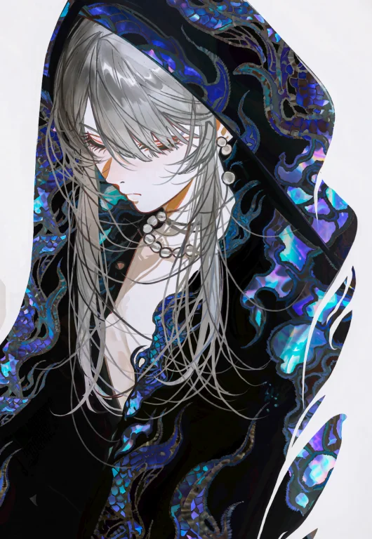 The Scene Depicts A Character Whose Long, Silver-gray Hair C...