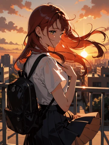 Masterpiece, Best Quality, 1girl, Solo, Long Red Hair, Schoo... — Stable Diffusion AI Prompt: masterpiece, best quality, 1girl, solo, long red hair, school rooftop, sunset, o...