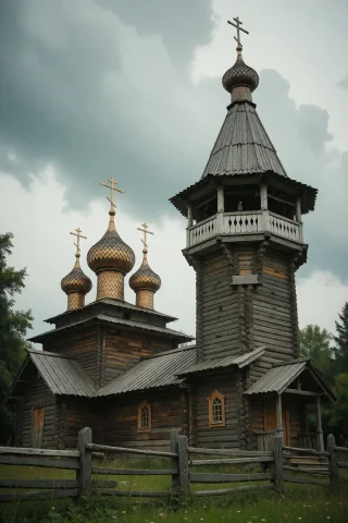 Nature, A Photorealistic Photograph Of A Traditional Wooden... — Stable Diffusion AI Prompt: nature, A photorealistic photograph of a traditional wooden church complex. On t...