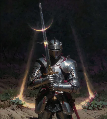 Vap0rglitch A Knight Encased In Ornate Metal Armor Stands In... — Stable Diffusion AI Prompt: / vap0rglitch/ A knight encased in ornate metal armor stands in shadow/ position...