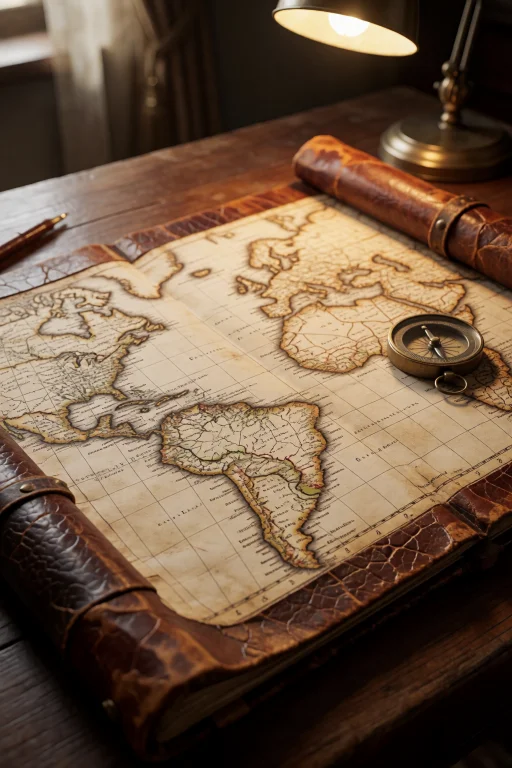 A Photograph Of An Old Leather-bound Map Spread On A Wooden...