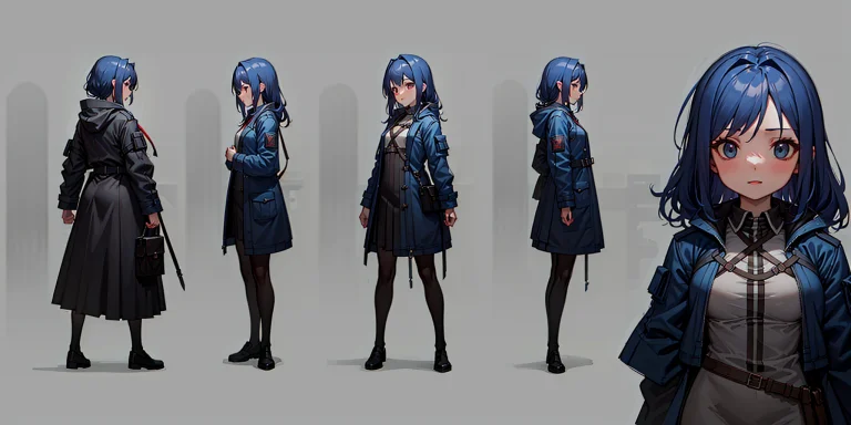 Solo, Dark Blue Hair,duffel Coat,flat Chest,1girl,simple Bac...