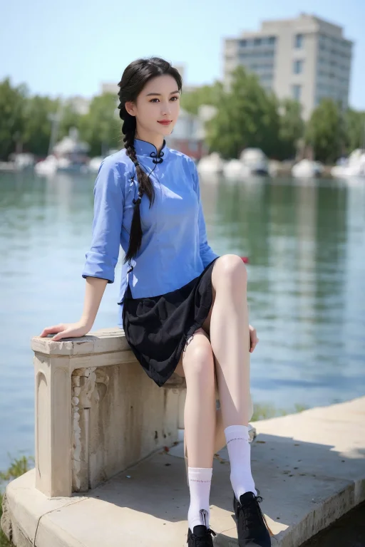 54female, A Girl Sitting, Blue Shirt, Black Skirt, Twin Brai...