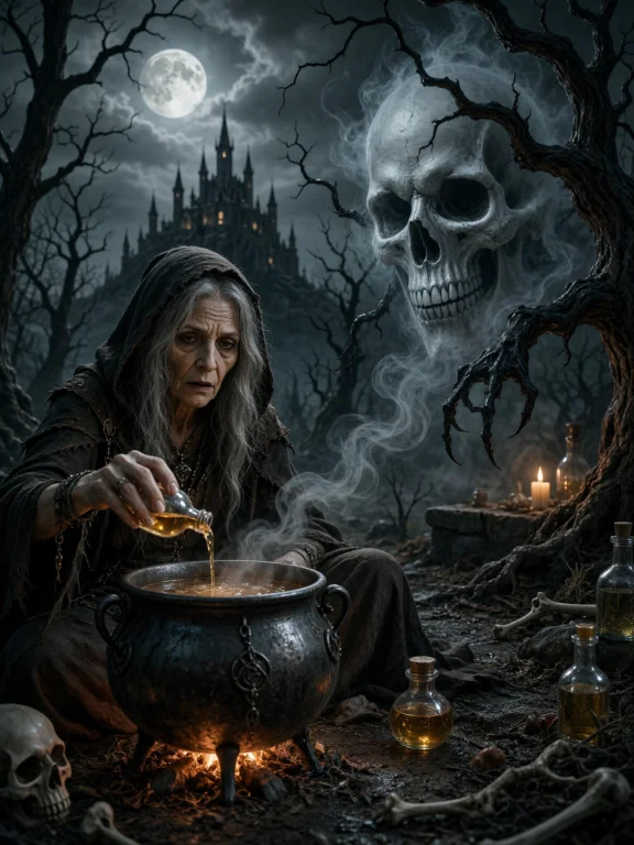 A Dark Fantasy Horror Illustration Shows A Moonlit Witchcraf...
