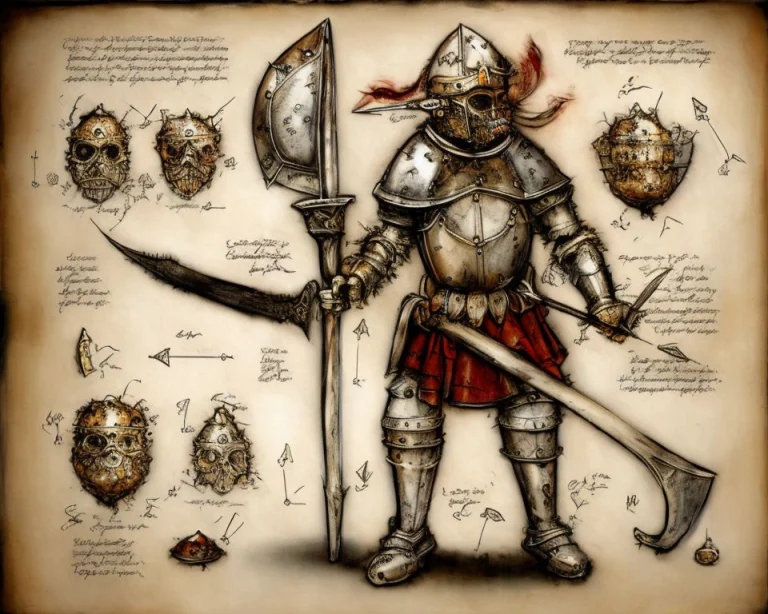 A Suit Of Armor Laid Out Alongside A Few Medieval Weapons, B...