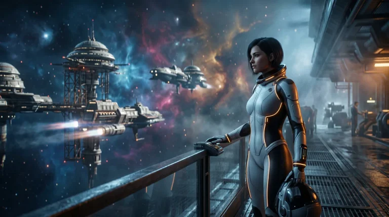 Cinematic Tracking Shot, A Futuristic Female Pilot In High-t...