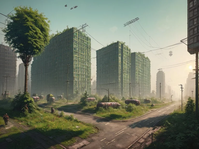 Street Of Soviet Union Abandoned City, Overgrown With Greene...