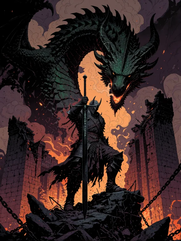 A Lone Male Dragon Slayer Standing On The Ruins Of A Massive...
